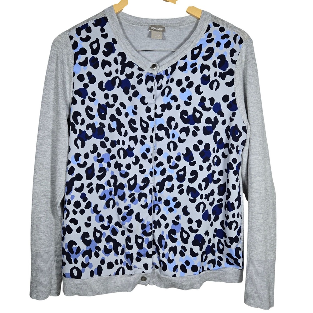 Chico's Grey Blue Leopard Print Mixed Media Button Front Cardigan Sweater M